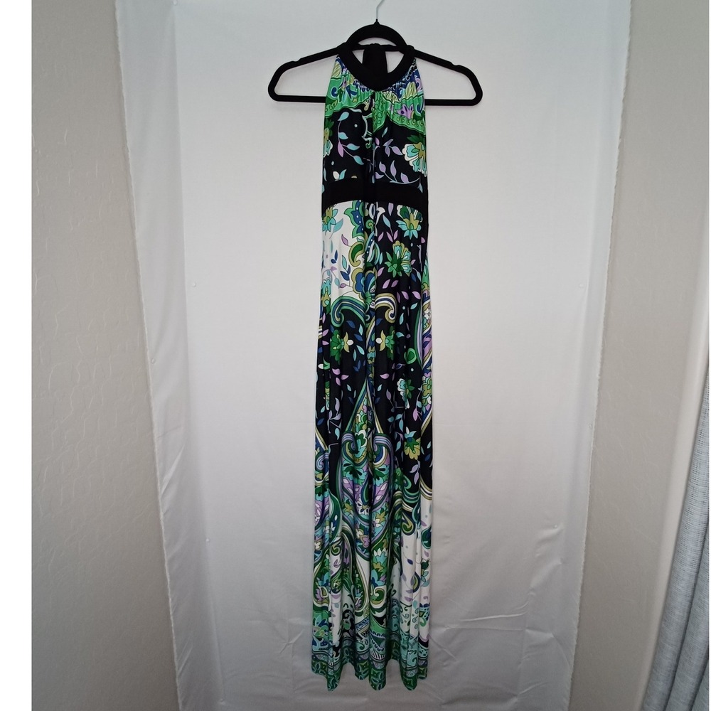 Women's Fave Hippie Boho Paisley Green Black‎ Babydoll Maxi Dress Size Medium